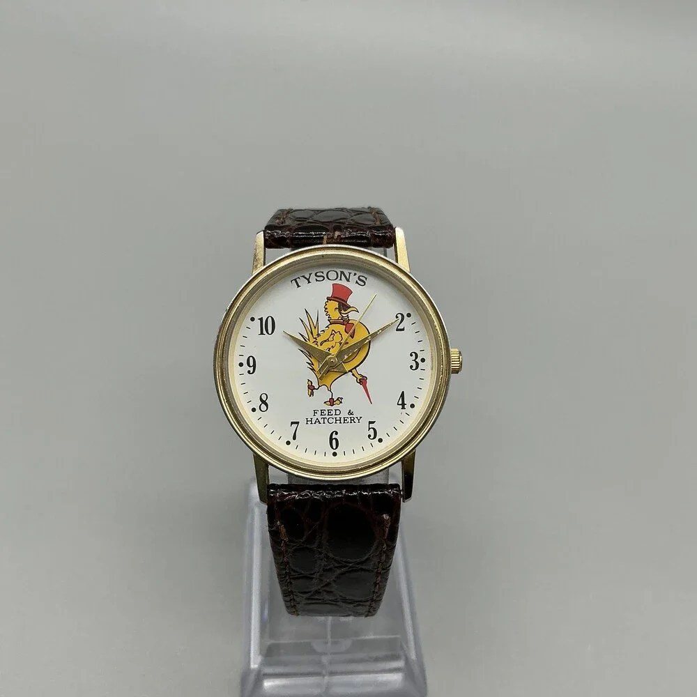 Vtg Tyson's Feed & Hatchery Mens Watch 32mm Gold Tone Logo Leather New Battery